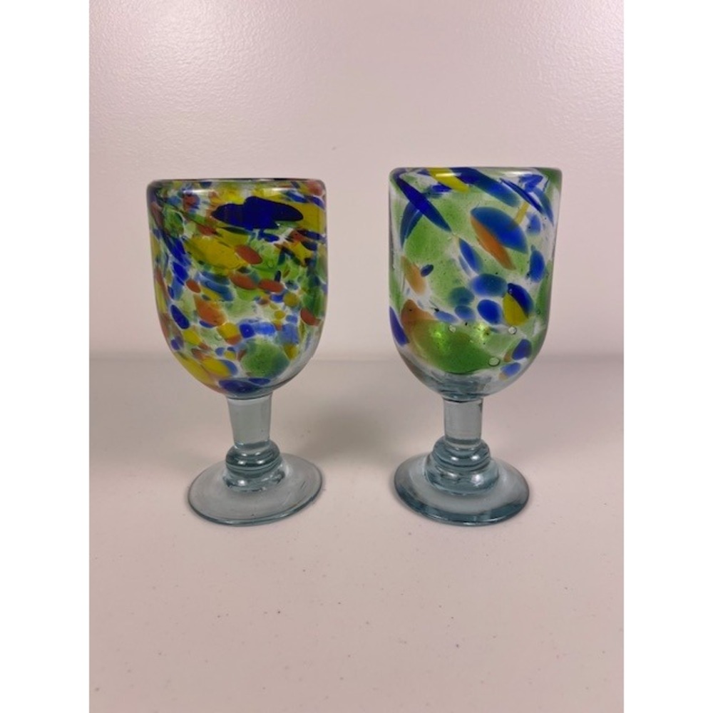 Mexican Confetti‎ Hand Blown Glass Wine Goblets Set of 2 Multicolor 7 inch